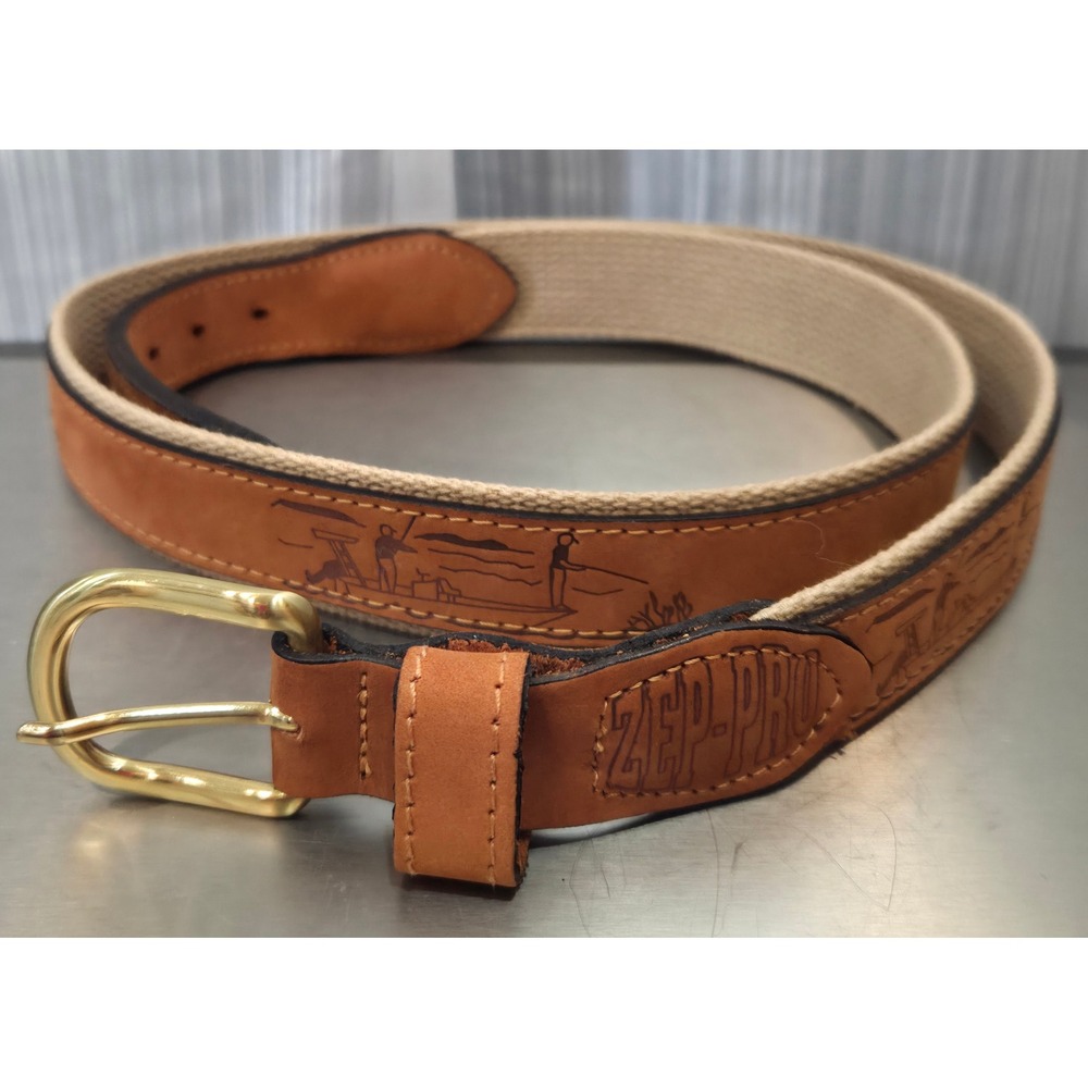 Zep-Pro Mens Fishing Belt Brown Leather Canvas Embroidered Snook USA Made 40